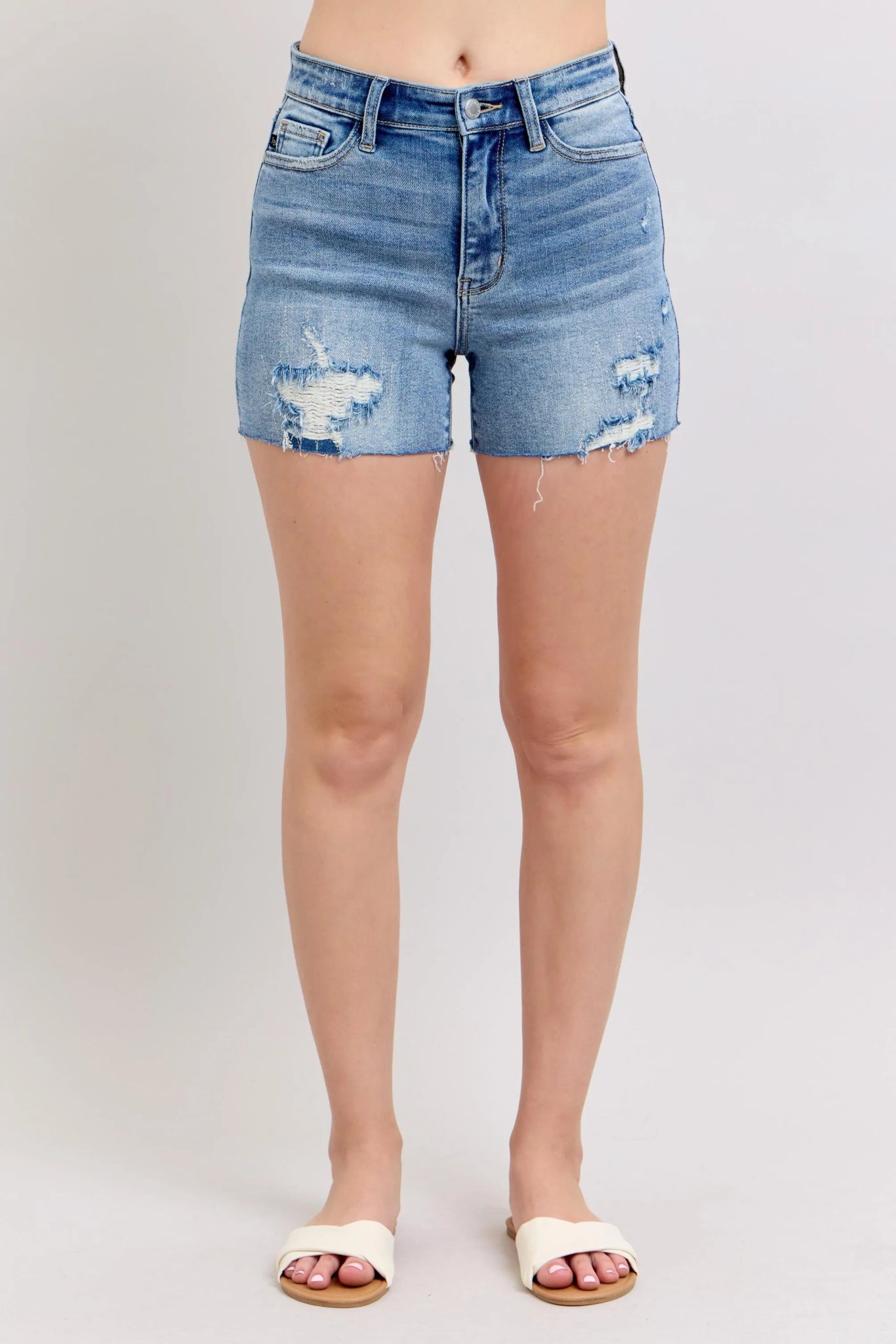 Judy Blue Full Size High Waist Denim Shorts W/stitch Over Destroy Detail - Bitsy Gypsy Boutique