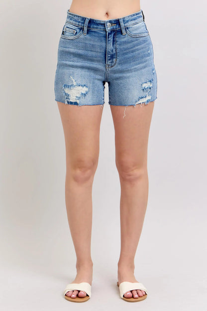 Judy Blue Full Size High Waist Denim Shorts W/stitch Over Destroy Detail - Bitsy Gypsy Boutique