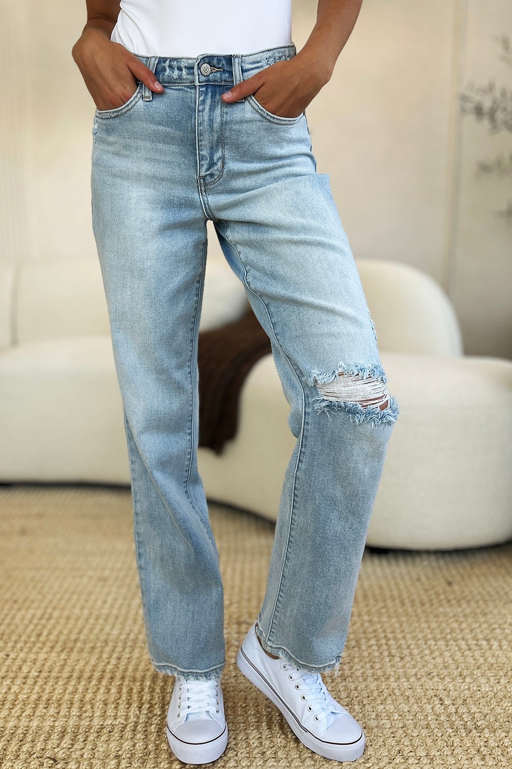 Judy Blue Full Size High Waist Distressed Straight Jeans - Bitsy Gypsy Boutique