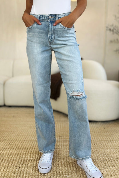 Judy Blue Full Size High Waist Distressed Straight Jeans - Bitsy Gypsy Boutique