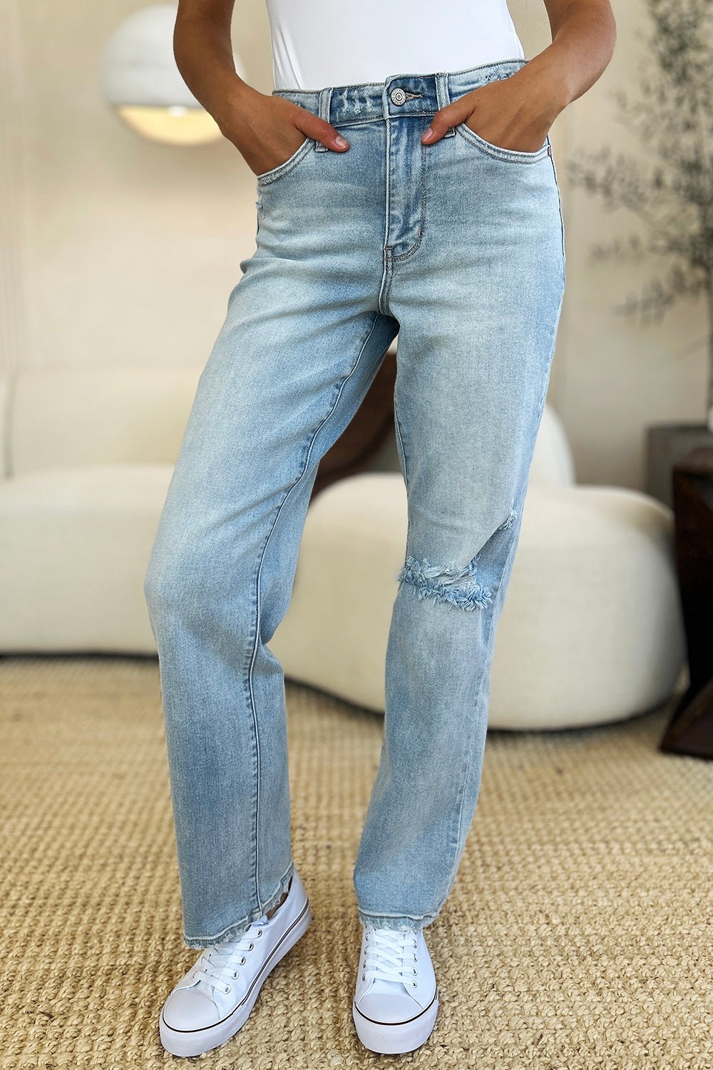 Judy Blue Full Size High Waist Distressed Straight Jeans - Bitsy Gypsy Boutique