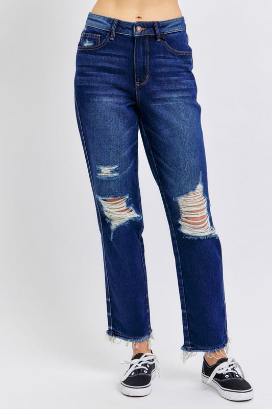 Judy Blue Full Size High Waist Rigid Magic Heavy Destroy Straight Jeans - Bitsy Gypsy Boutique