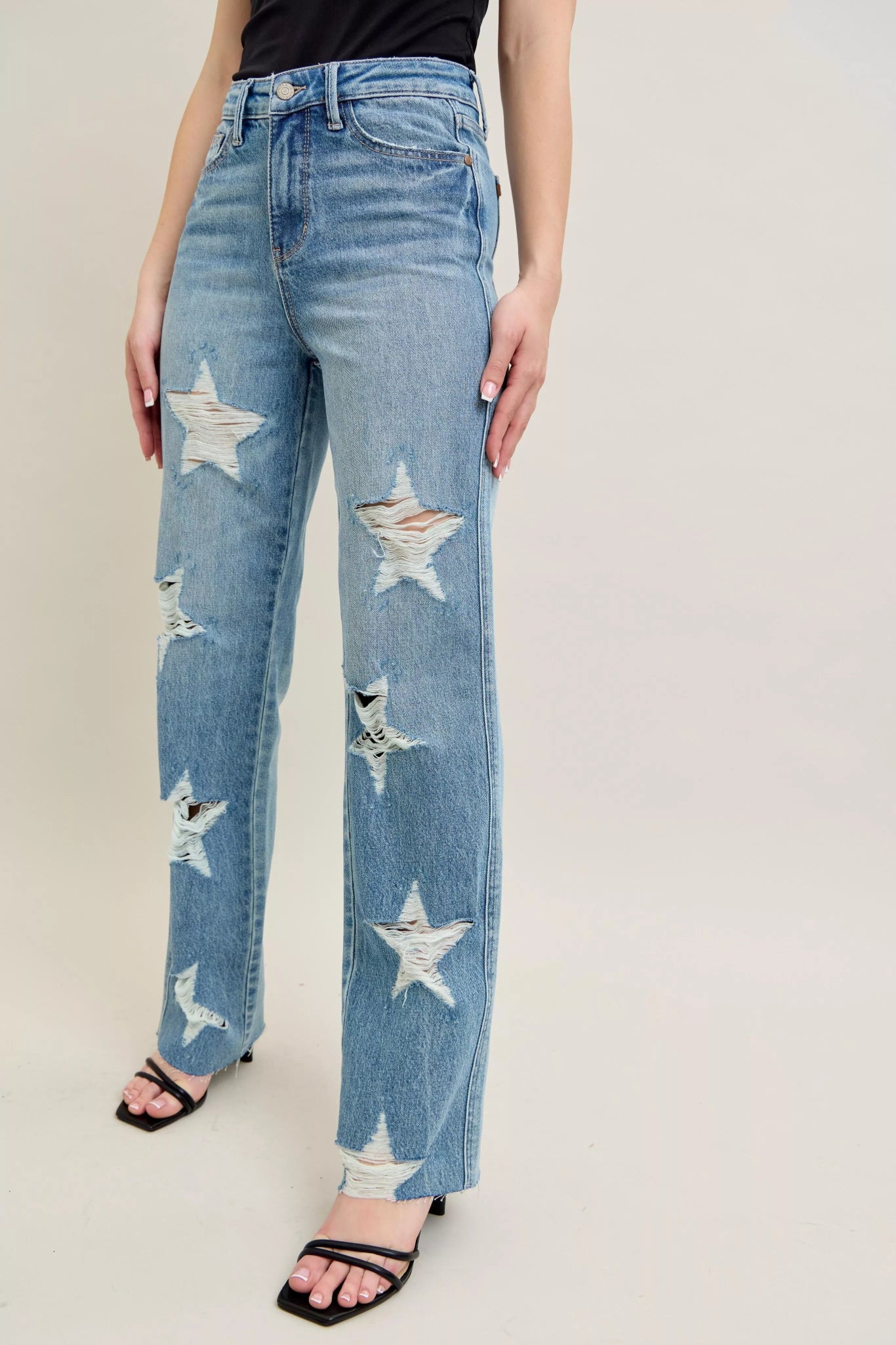 Judy Blue Full Size High Waist Rigid Magic Star Shaped Destroy 90's Straight Jeans Plus Size - Bitsy Gypsy Boutique