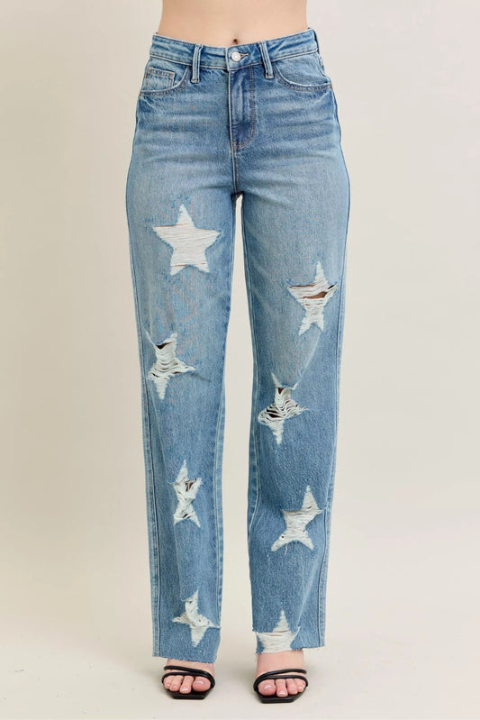 Judy Blue Full Size High Waist Rigid Magic Star Shaped Destroy 90's Straight Jeans Plus Size - Bitsy Gypsy Boutique