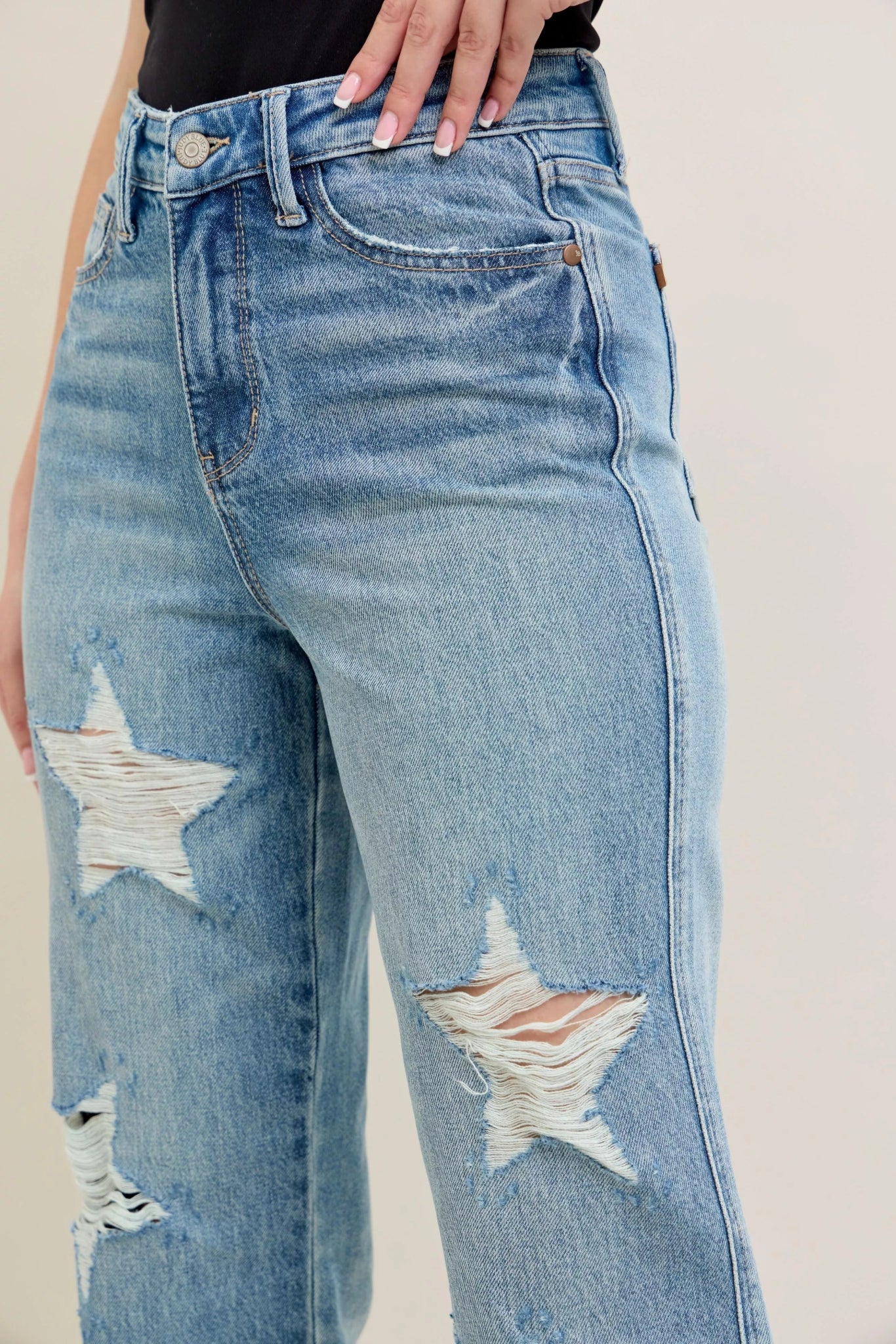 Judy Blue Full Size High Waist Rigid Magic Star Shaped Destroy 90's Straight Jeans Plus Size - Bitsy Gypsy Boutique