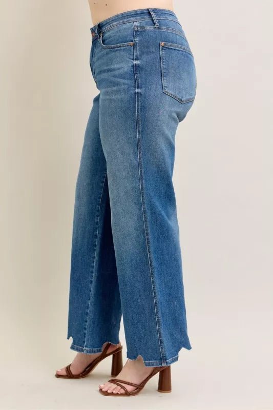 Judy Blue Full Size High Waist Tummy Control Chew Hem Destroy Wide Jeans Plus Size - Bitsy Gypsy Boutique