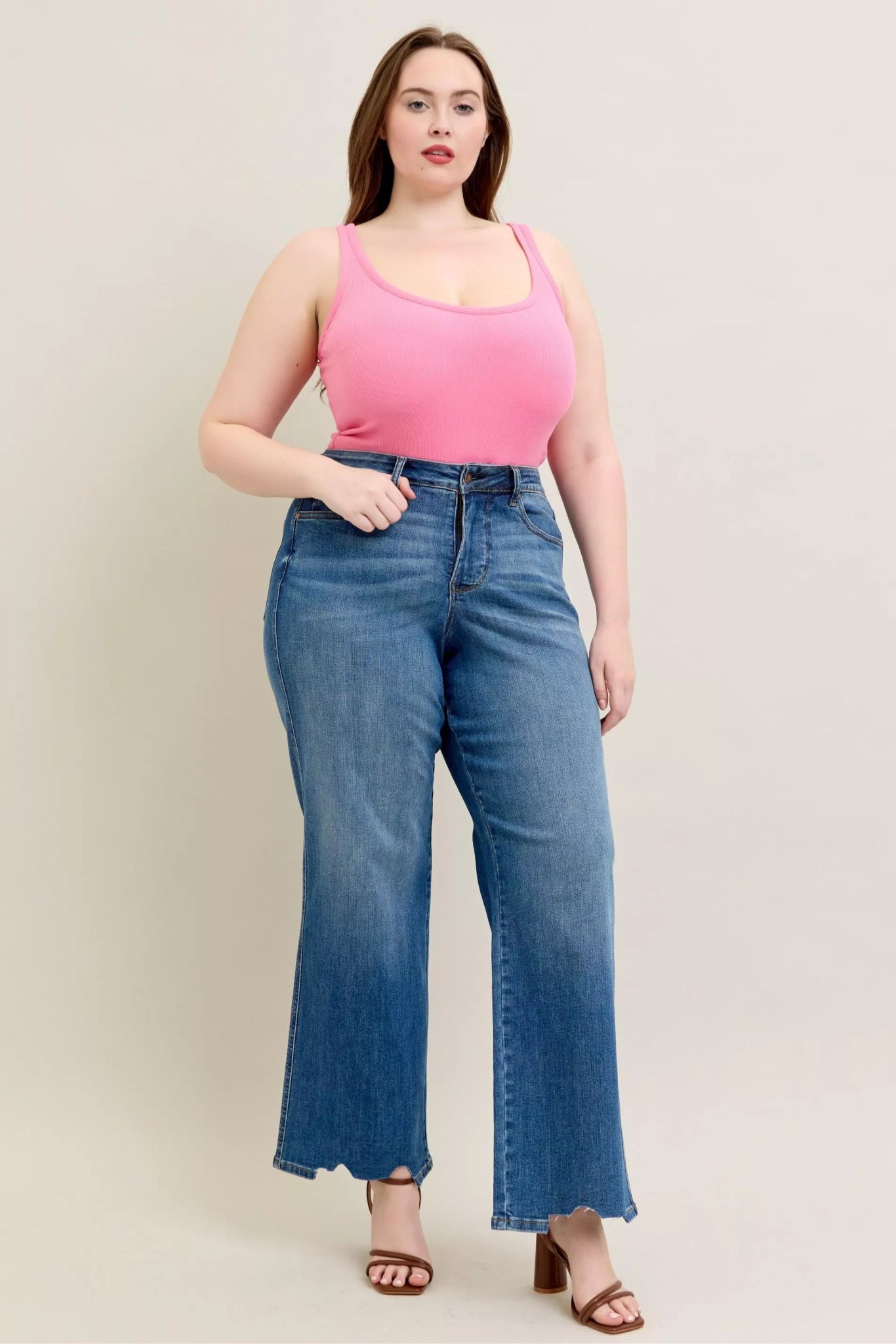 Judy Blue Full Size High Waist Tummy Control Chew Hem Destroy Wide Jeans Plus Size - Bitsy Gypsy Boutique