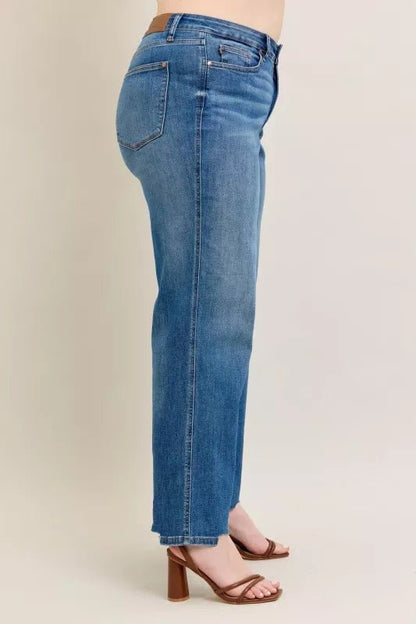 Judy Blue Full Size High Waist Tummy Control Chew Hem Destroy Wide Jeans Plus Size - Bitsy Gypsy Boutique