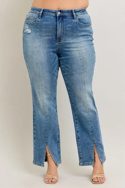 Judy Blue Full Size High Waist Vintage Wash Front Seam & Slit Straight Plus Size - Bitsy Gypsy Boutique