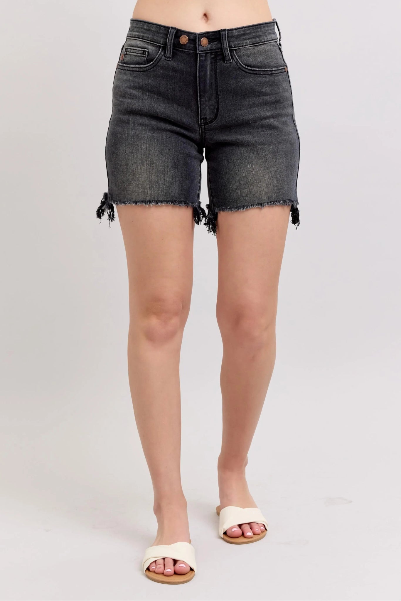 Judy Blue Full Size Long Cut Off 2 Button Dad Denim Shorts Plus Size - Bitsy Gypsy Boutique