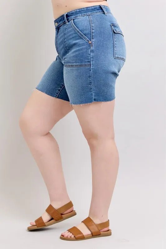 Judy Blue Full Size Mid Rise Bermudas Denim Shorts W/ Back Flap Pockets - Bitsy Gypsy Boutique