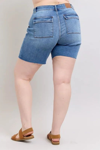 Judy Blue Full Size Mid Rise Bermudas Denim Shorts W/ Back Flap Pockets - Bitsy Gypsy Boutique