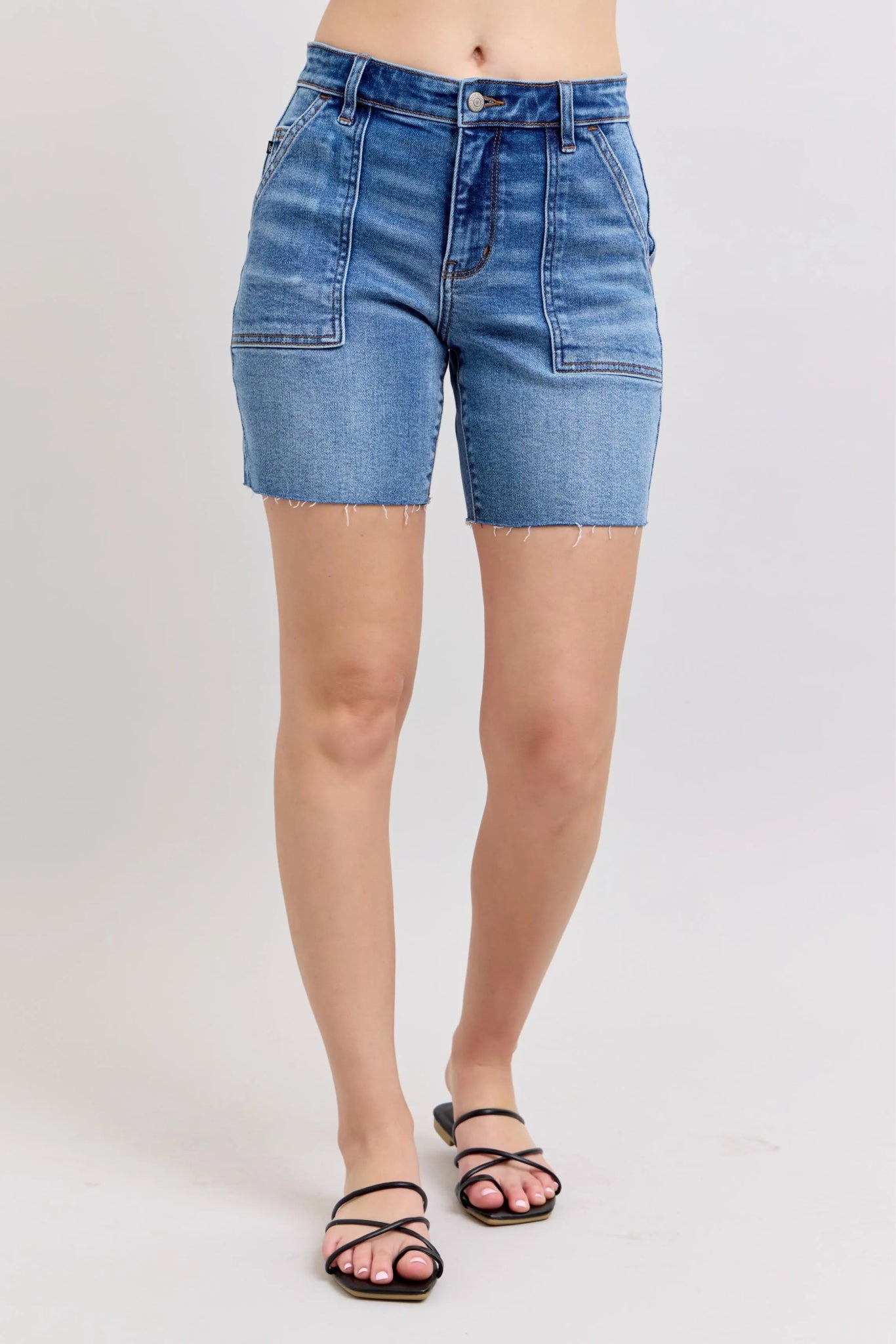 Judy Blue Full Size Mid Rise Bermudas Denim Shorts W/ Back Flap Pockets - Bitsy Gypsy Boutique