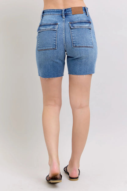 Judy Blue Full Size Mid Rise Bermudas Denim Shorts W/ Back Flap Pockets - Bitsy Gypsy Boutique