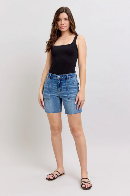 Judy Blue Full Size Mid Rise Bermudas Denim Shorts W/ Back Flap Pockets - Bitsy Gypsy Boutique