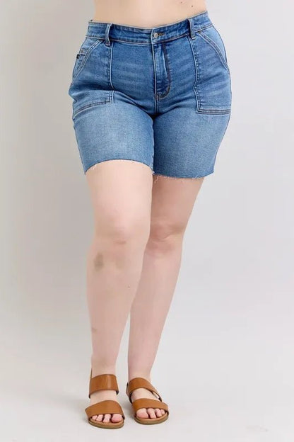 Judy Blue Full Size Mid Rise Bermudas Denim Shorts W/ Back Flap Pockets - Bitsy Gypsy Boutique