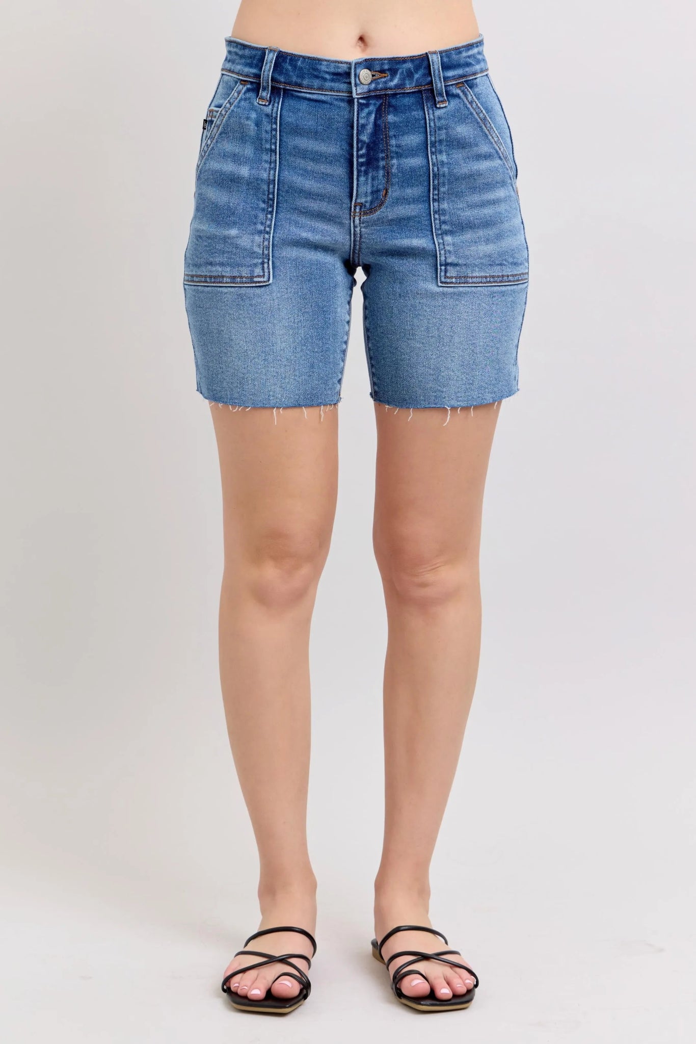 Judy Blue Full Size Mid Rise Bermudas Denim Shorts W/ Back Flap Pockets - Bitsy Gypsy Boutique