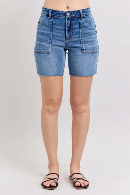 Judy Blue Full Size Mid Rise Bermudas Denim Shorts W/ Back Flap Pockets - Bitsy Gypsy Boutique