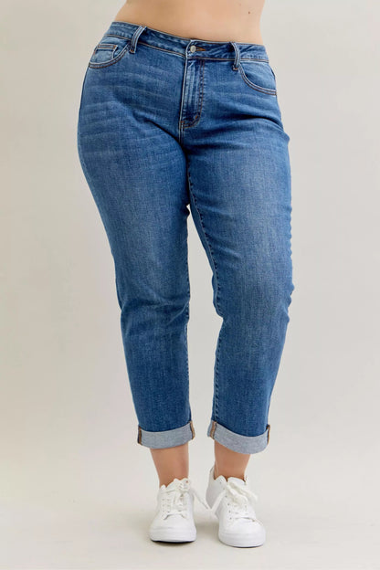 Judy Blue Full Size Mid Rise BF Classic Cuffed Jeans Plus Size - Bitsy Gypsy Boutique