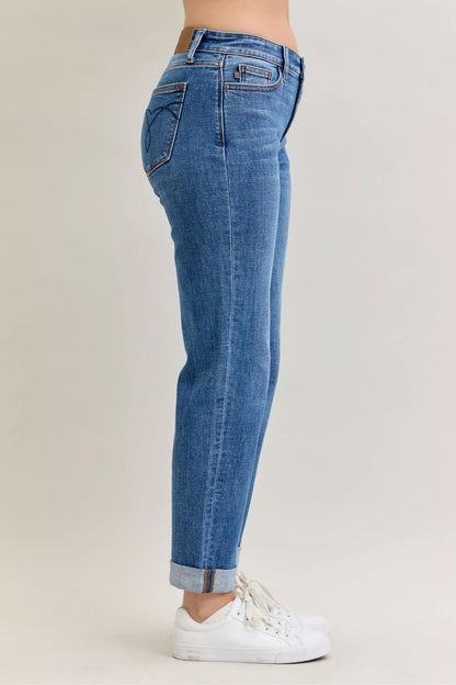 Judy Blue Full Size Mid Rise BF Classic Cuffed Jeans Plus Size - Bitsy Gypsy Boutique