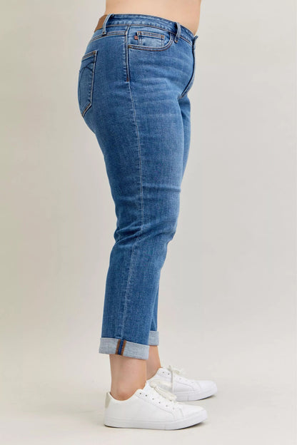 Judy Blue Full Size Mid Rise BF Classic Cuffed Jeans Plus Size - Bitsy Gypsy Boutique