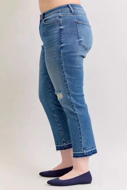 Judy Blue Full Size Mid Rise Bf Patch & Repair Destroy Release Hem Jeans Plus Size - Bitsy Gypsy Boutique