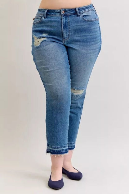Judy Blue Full Size Mid Rise Bf Patch & Repair Destroy Release Hem Jeans Plus Size - Bitsy Gypsy Boutique
