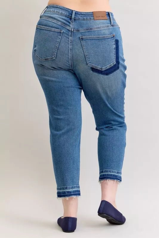 Judy Blue Full Size Mid Rise Bf Patch & Repair Destroy Release Hem Jeans Plus Size - Bitsy Gypsy Boutique
