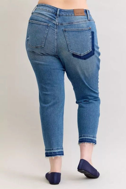 Judy Blue Full Size Mid Rise Bf Patch & Repair Destroy Release Hem Jeans Plus Size - Bitsy Gypsy Boutique