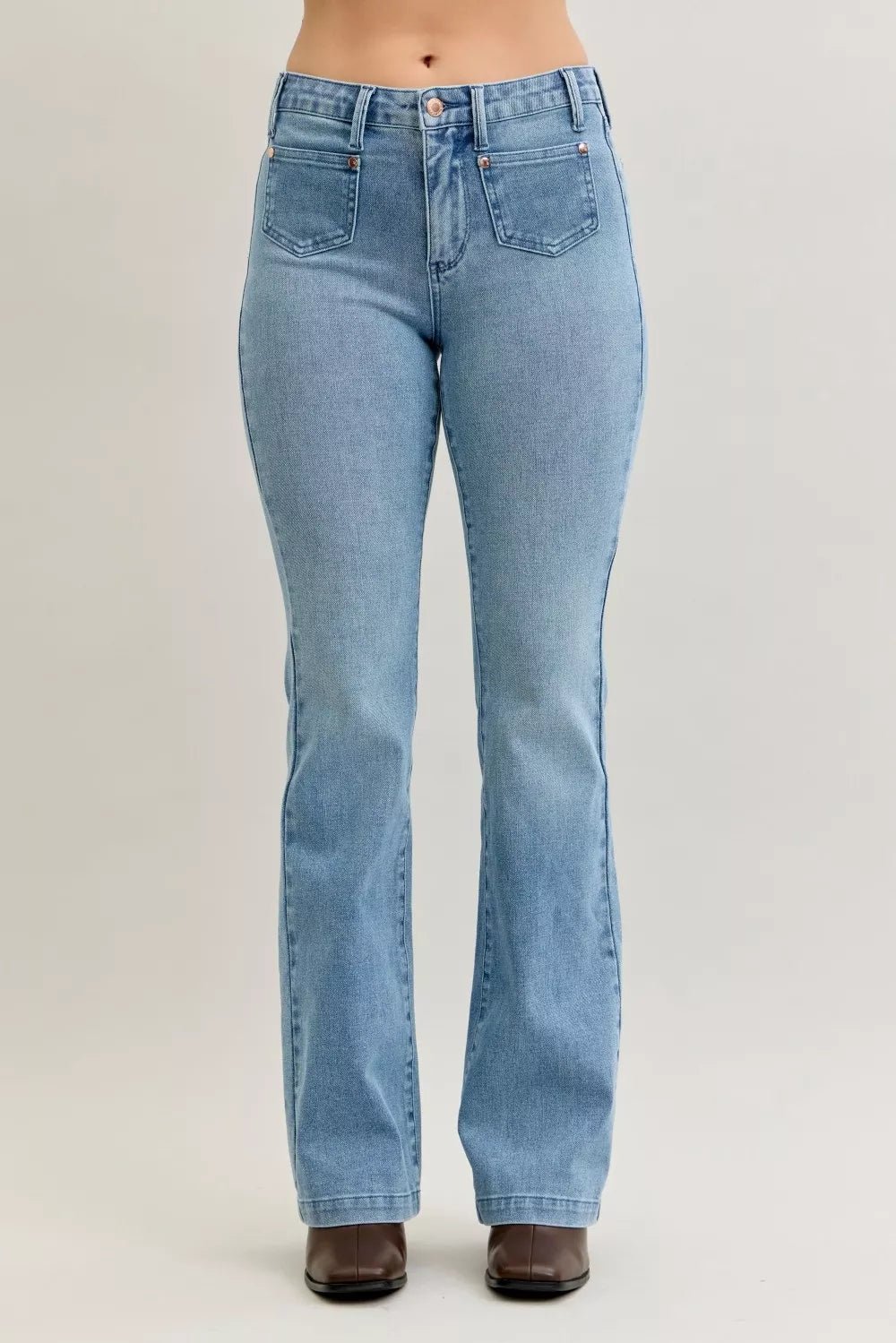 Judy Blue Full Size Mid Rise Bootcut Jeans with Contrast Wash & Front Patch Pockets Plus Size - Bitsy Gypsy Boutique