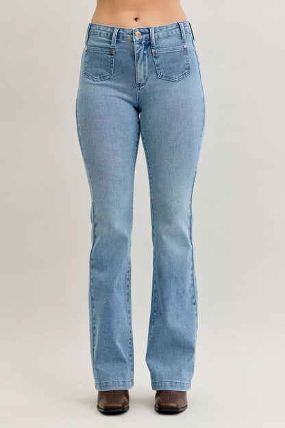 Judy Blue Full Size Mid Rise Bootcut Jeans with Contrast Wash & Front Patch Pockets Plus Size - Bitsy Gypsy Boutique