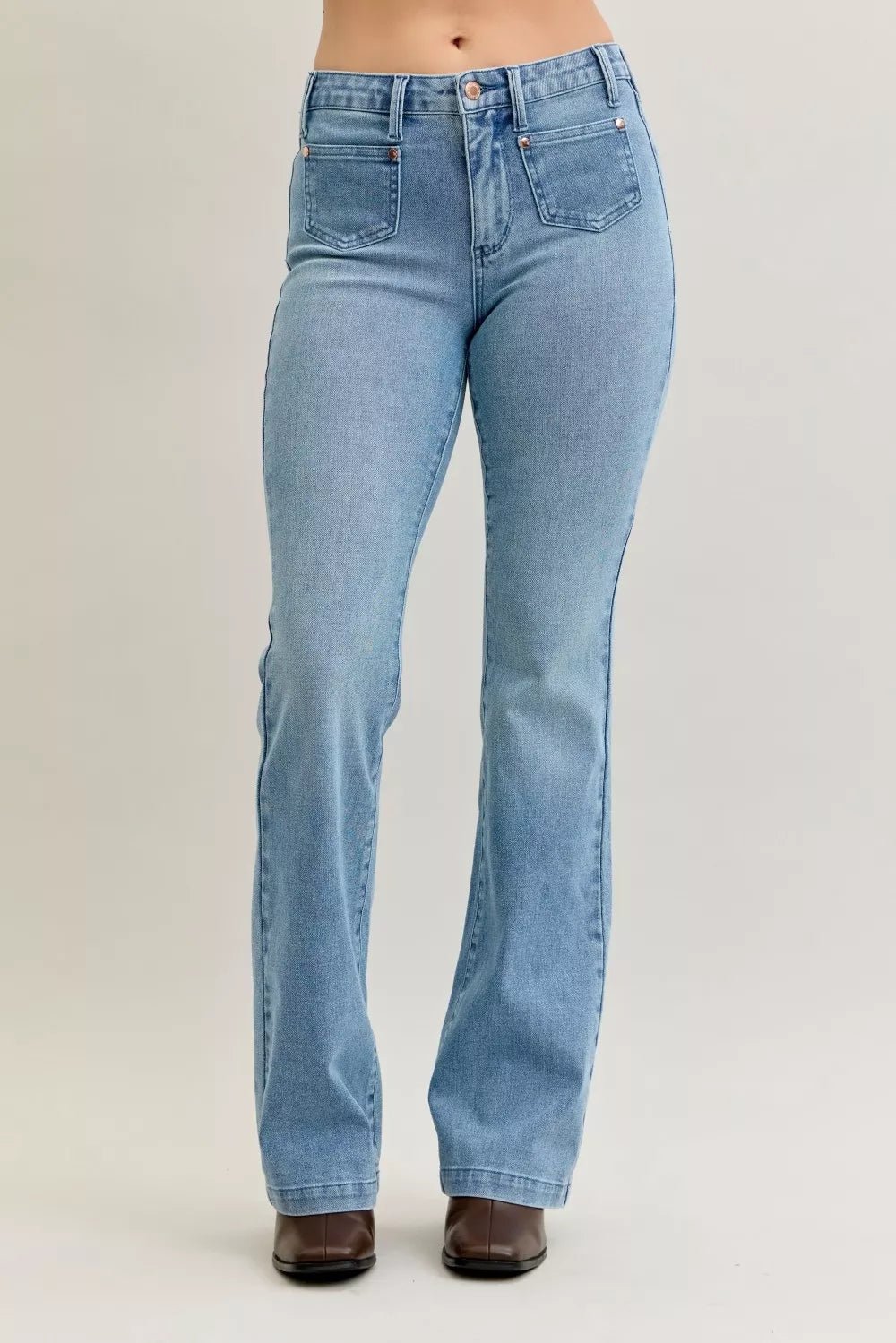 Judy Blue Full Size Mid Rise Bootcut Jeans with Contrast Wash & Front Patch Pockets Plus Size - Bitsy Gypsy Boutique