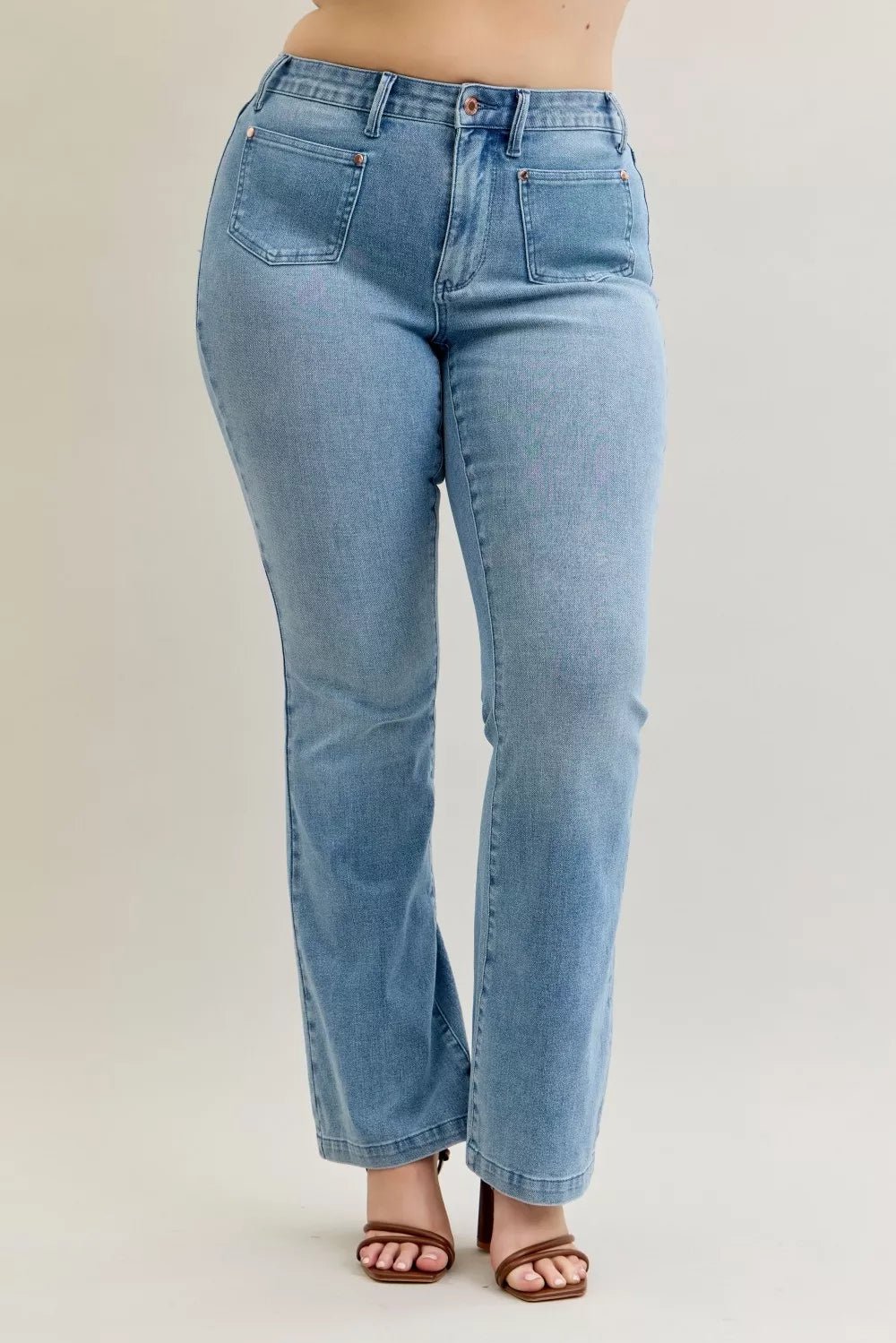 Judy Blue Full Size Mid Rise Bootcut Jeans with Contrast Wash & Front Patch Pockets Plus Size - Bitsy Gypsy Boutique