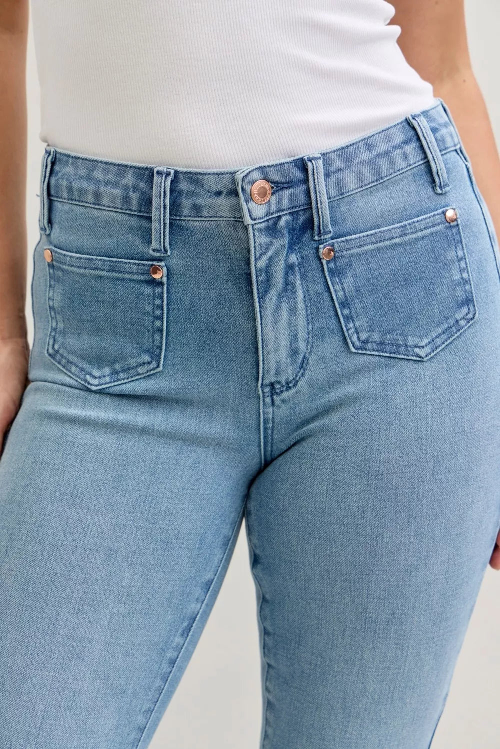 Judy Blue Full Size Mid Rise Bootcut Jeans with Contrast Wash & Front Patch Pockets Plus Size - Bitsy Gypsy Boutique