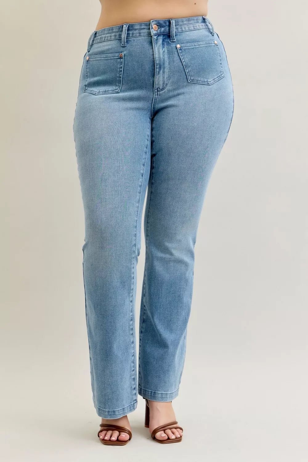 Judy Blue Full Size Mid Rise Bootcut Jeans with Contrast Wash & Front Patch Pockets Plus Size - Bitsy Gypsy Boutique
