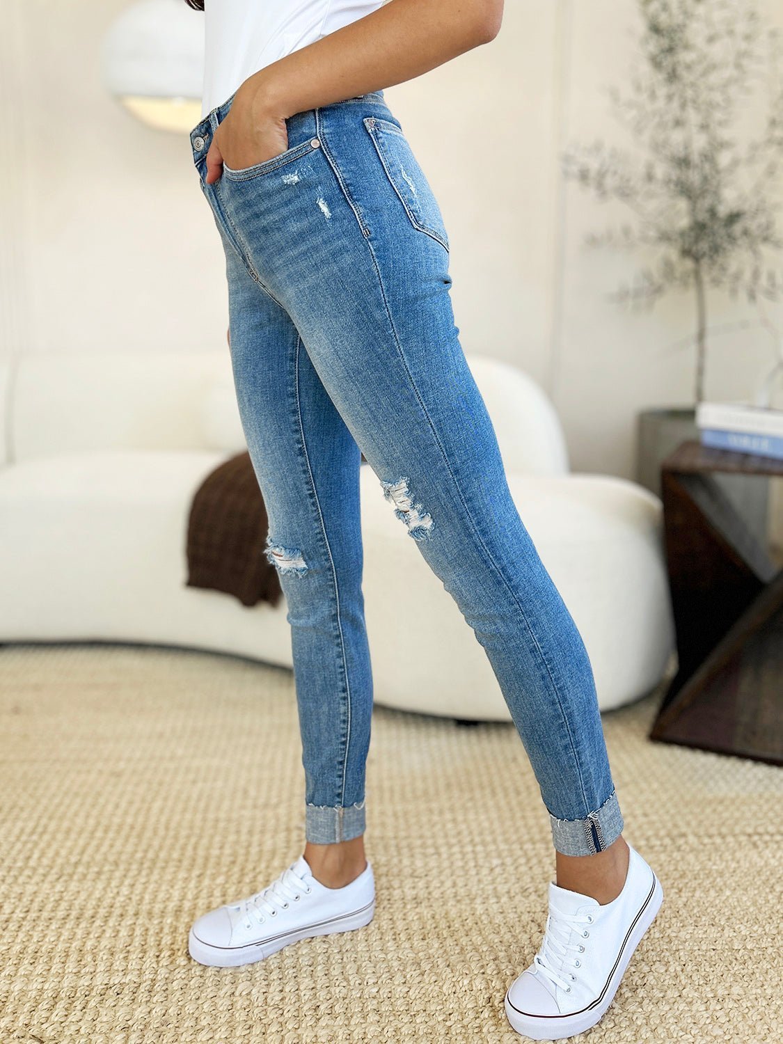 Judy Blue Full Size Mid Rise Destroy & Cuff Skinny Jeans - Bitsy Gypsy Boutique