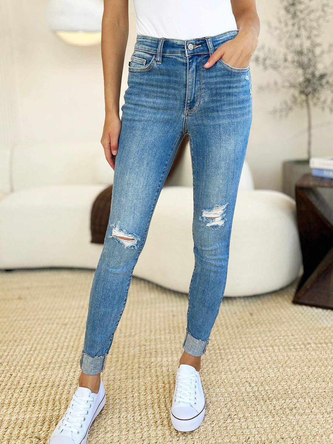 Judy Blue Full Size Mid Rise Destroy & Cuff Skinny Jeans - Bitsy Gypsy Boutique