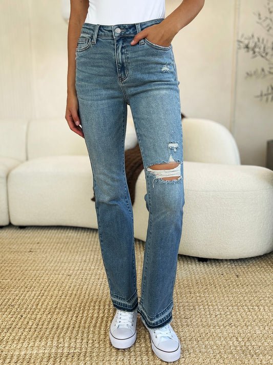 Judy Blue Full Size Mid Rise Destroyed Hem Distressed Jeans - Bitsy Gypsy Boutique