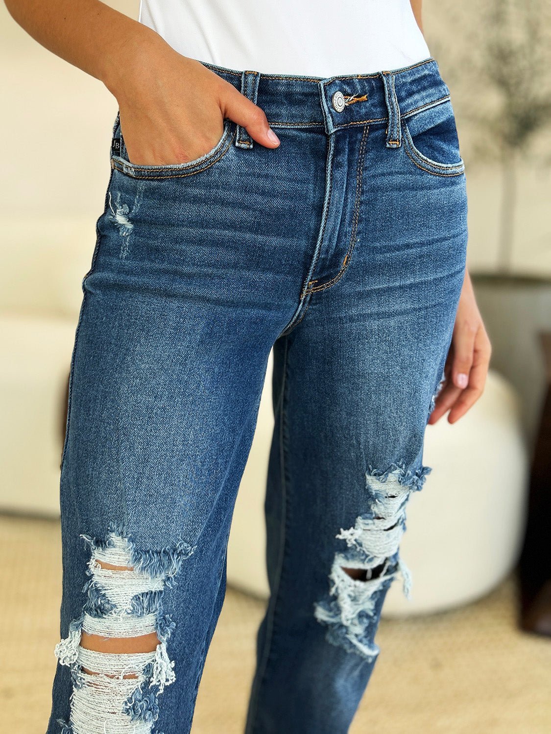 Judy Blue Full Size Mid Rise Distressed Raw Hem Jeans - Bitsy Gypsy Boutique