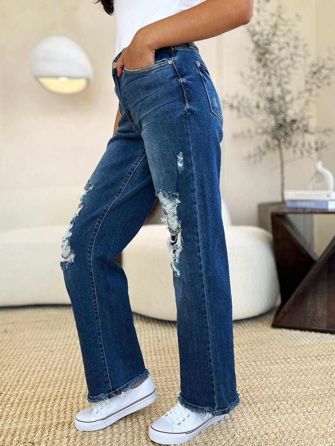 Judy Blue Full Size Mid Rise Distressed Raw Hem Jeans - Bitsy Gypsy Boutique