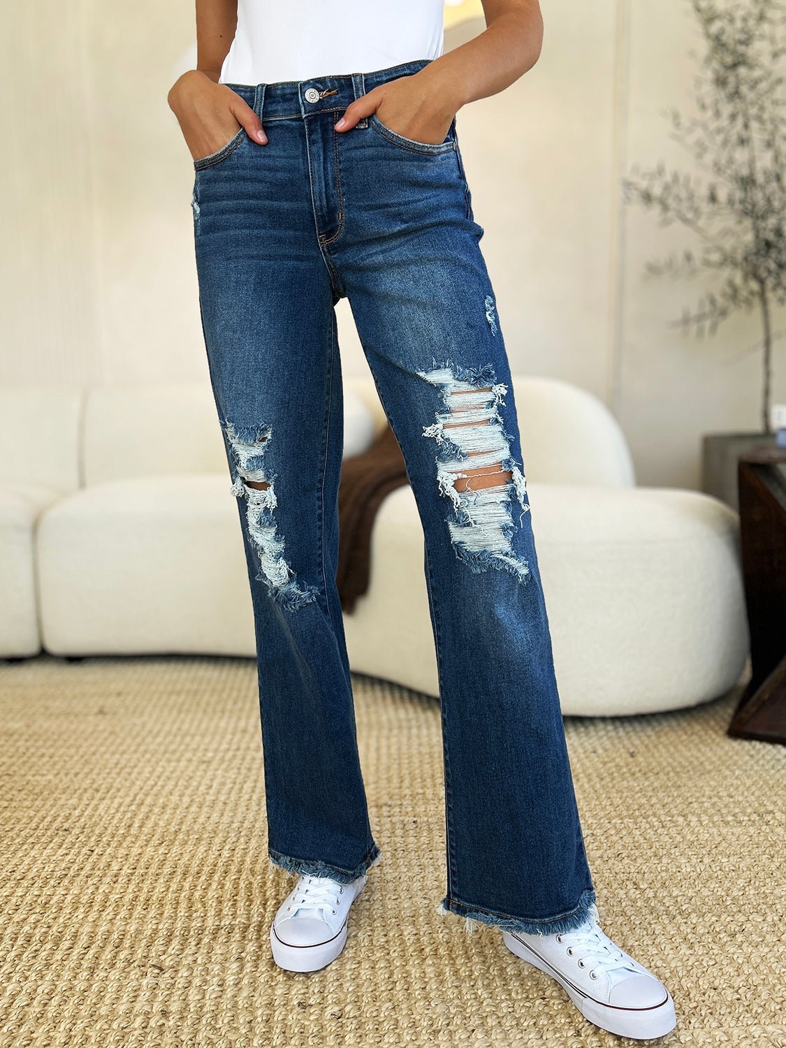 Judy Blue Full Size Mid Rise Distressed Raw Hem Jeans - Bitsy Gypsy Boutique