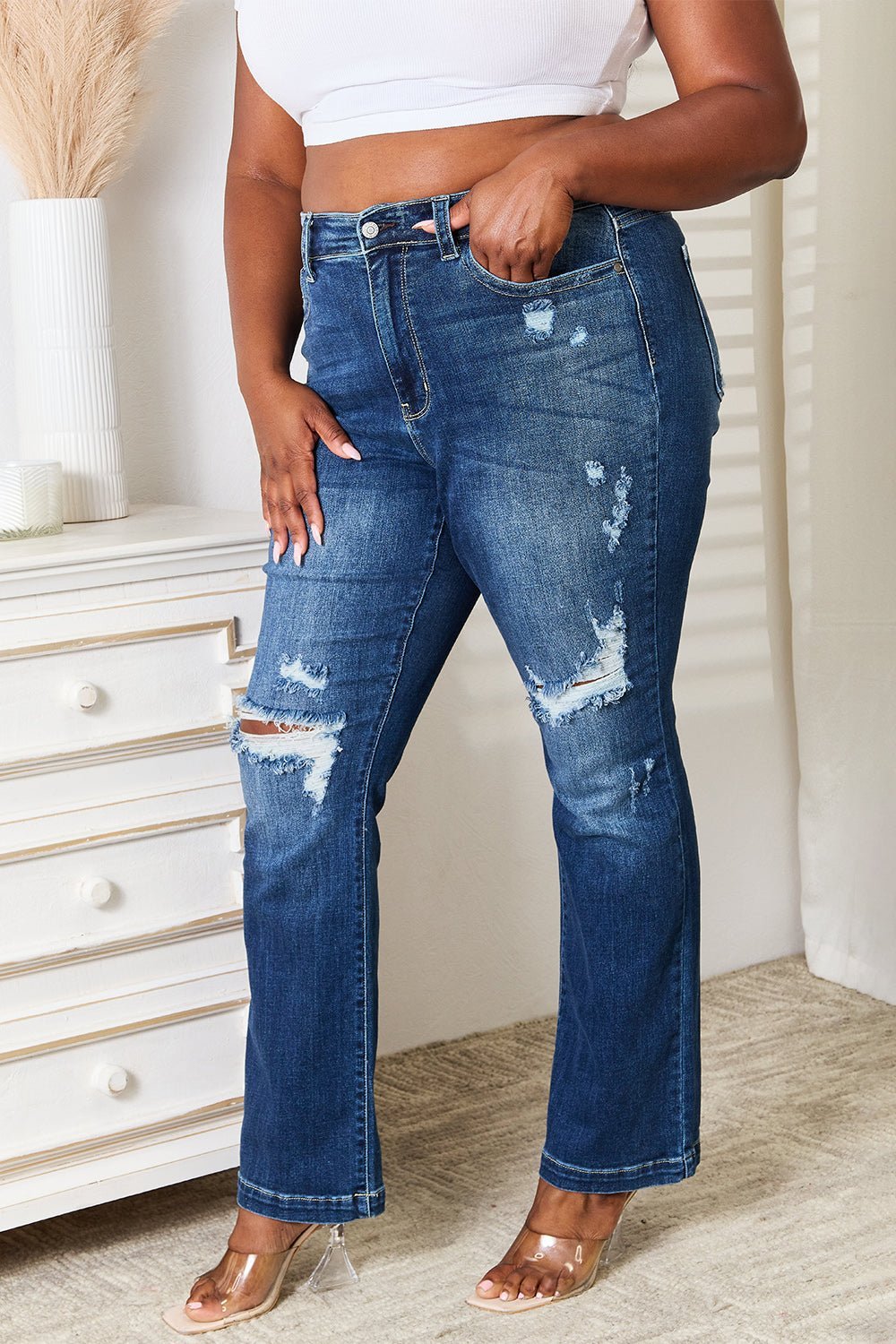 Judy Blue Full Size Mid Rise Hand Sand & Destroy Bootcut Jeans - Bitsy Gypsy Boutique