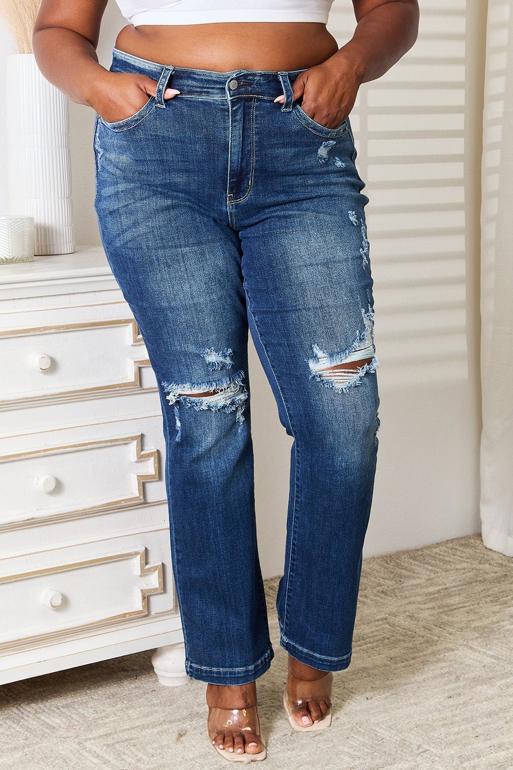 Judy Blue Full Size Mid Rise Hand Sand & Destroy Bootcut Jeans - Bitsy Gypsy Boutique