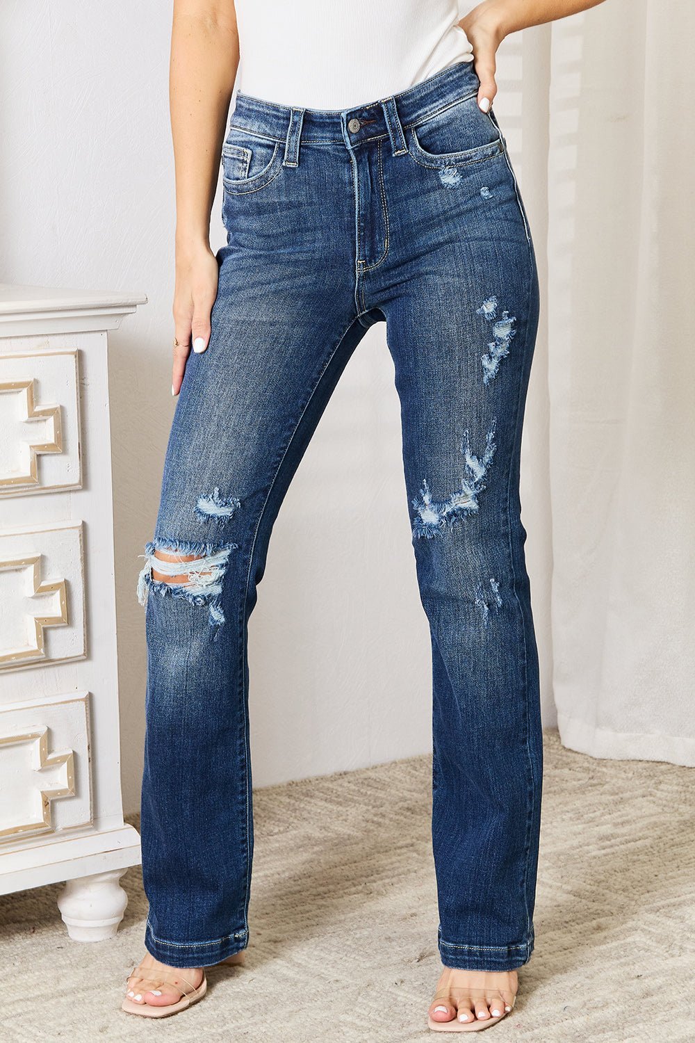 Judy Blue Full Size Mid Rise Hand Sand & Destroy Bootcut Jeans - Bitsy Gypsy Boutique