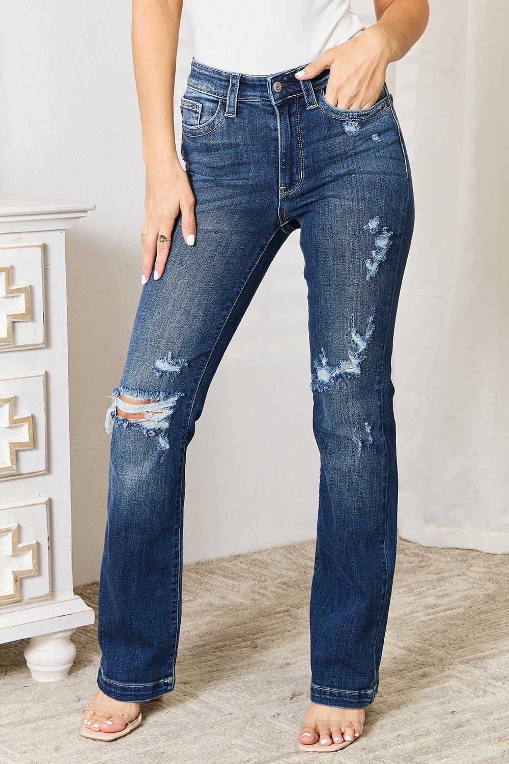 Judy Blue Full Size Mid Rise Hand Sand & Destroy Bootcut Jeans - Bitsy Gypsy Boutique