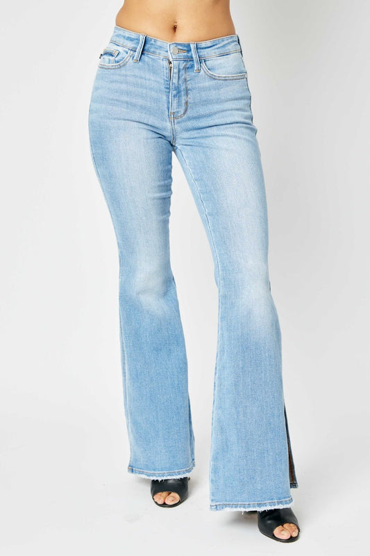 Judy Blue Full Size Mid Rise Raw Hem Slit Flare Jeans - Bitsy Gypsy Boutique