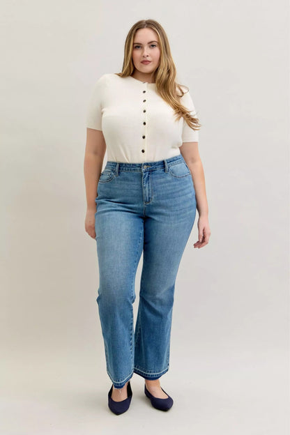 Judy Blue Full Size Mid Rise Slim Bootcut Tummy Control Release Hem Jeans Plus Size - Bitsy Gypsy Boutique