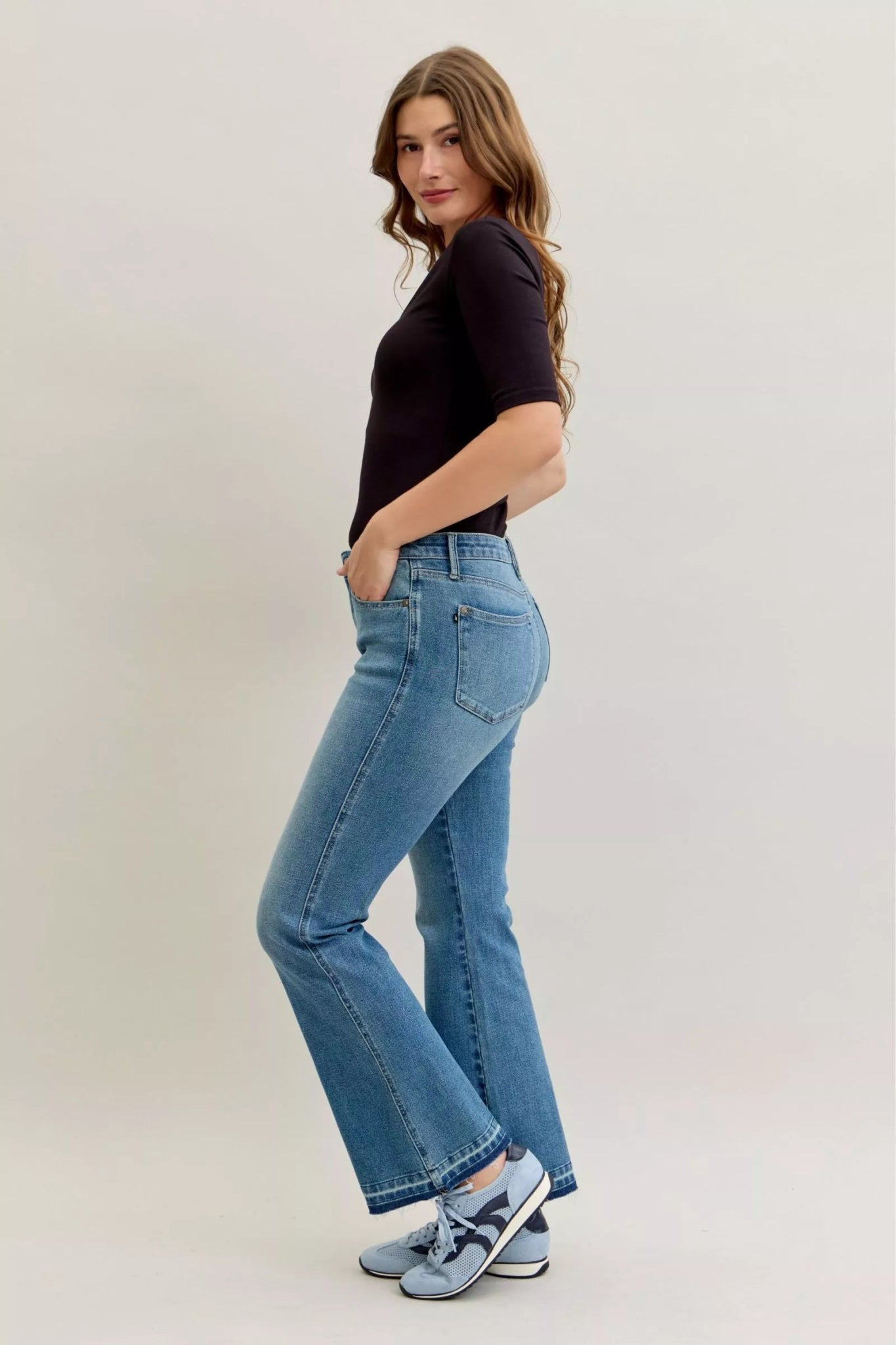 Judy Blue Full Size Mid Rise Slim Bootcut Tummy Control Release Hem Jeans Plus Size - Bitsy Gypsy Boutique