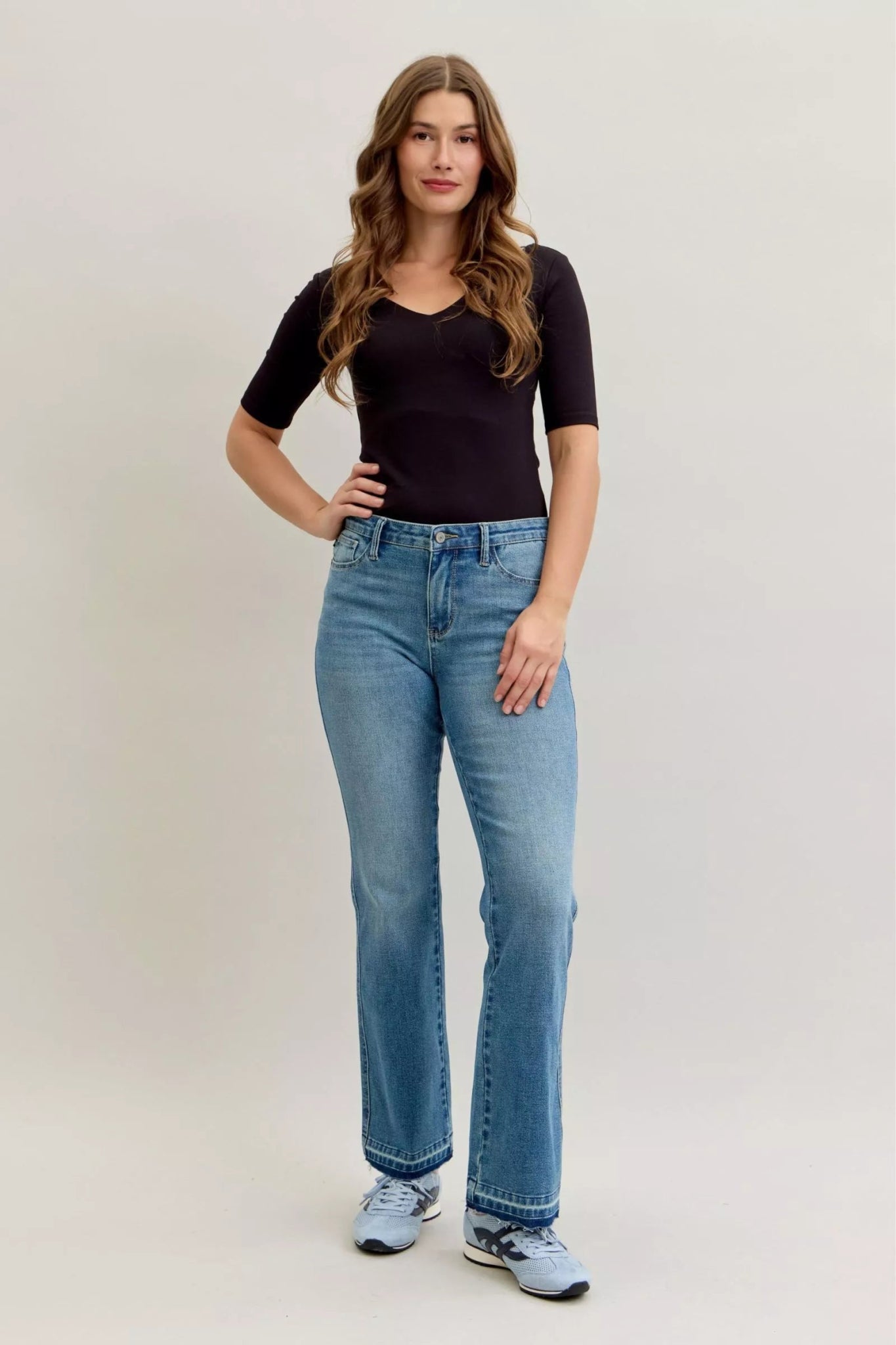 Judy Blue Full Size Mid Rise Slim Bootcut Tummy Control Release Hem Jeans Plus Size - Bitsy Gypsy Boutique