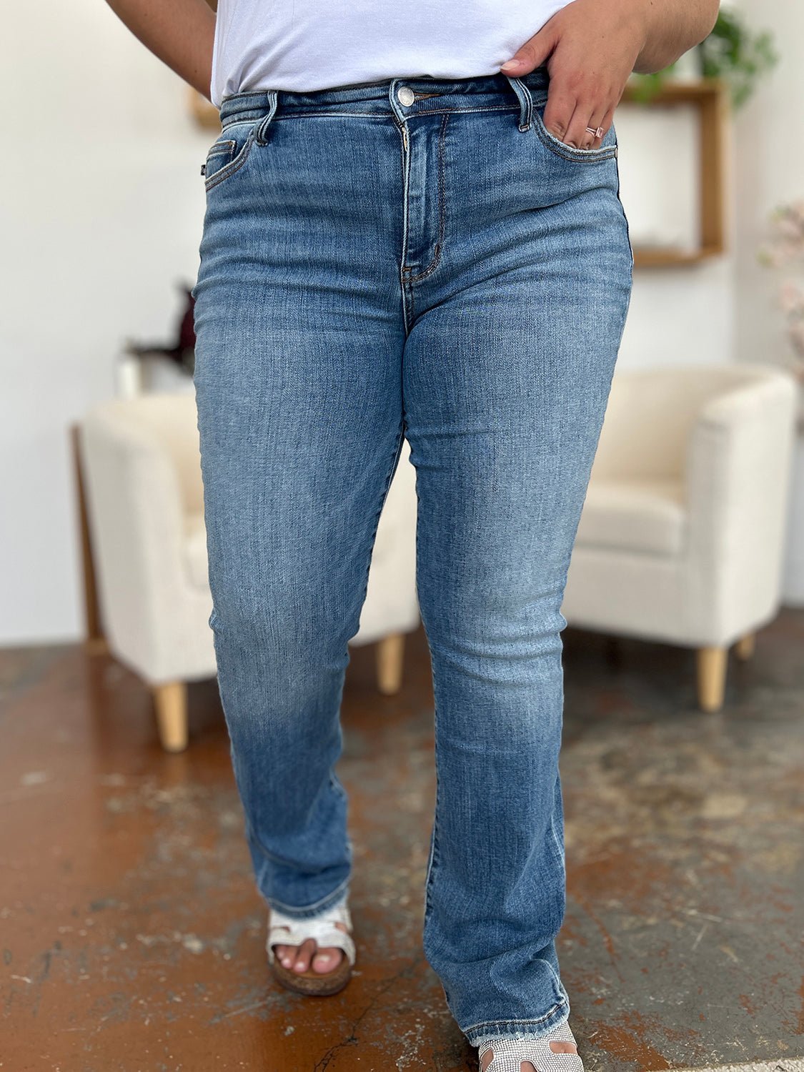 Judy Blue Full Size Mid - Rise Waist Straight Jeans - Bitsy Gypsy Boutique